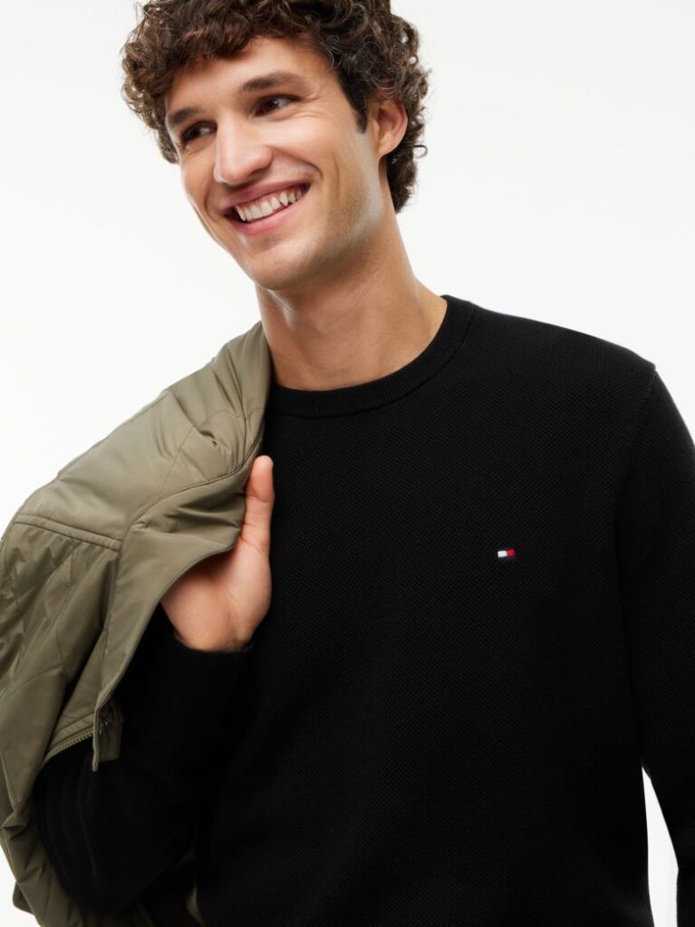 Black Crew Neck Textured Knit Jumper  Men