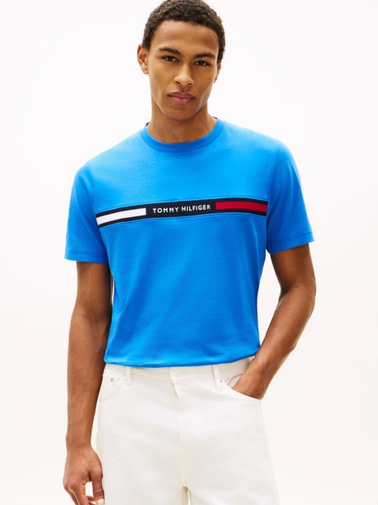 Blue Crew Neck Logo Panel T-Shirt  Men