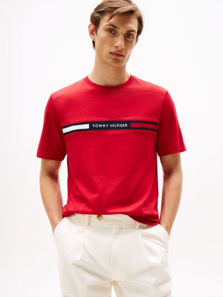 Red Crew Neck Logo Panel T-Shirt  Men