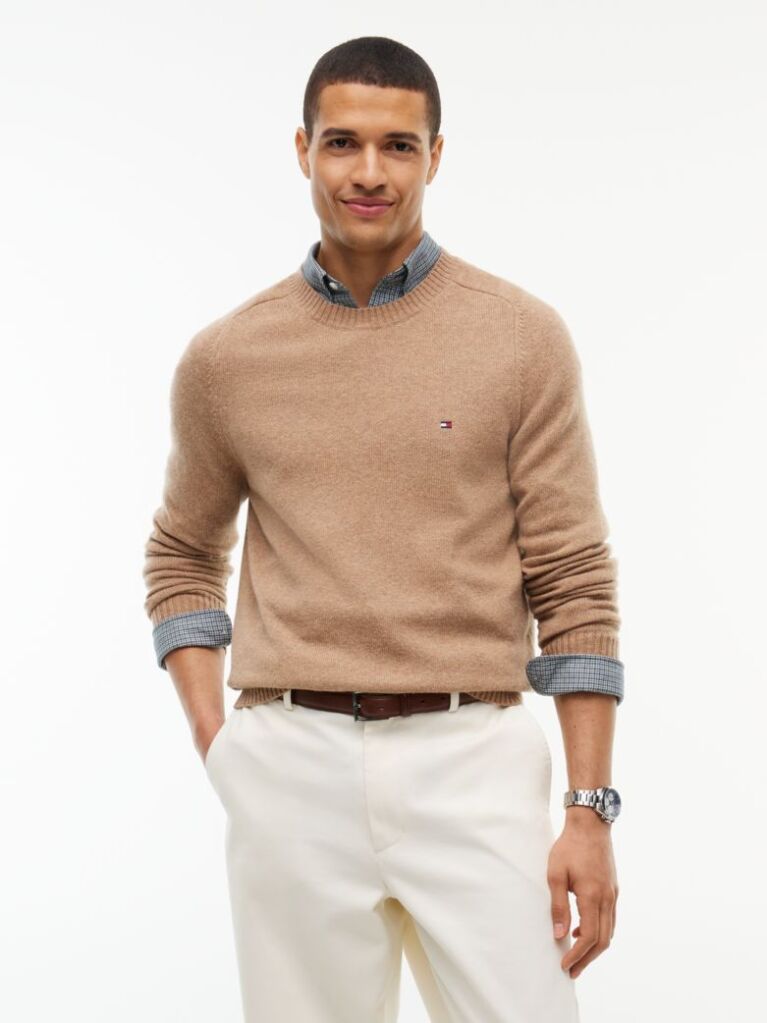 Brown Pure Lambswool Crew Neck Jumper  Men