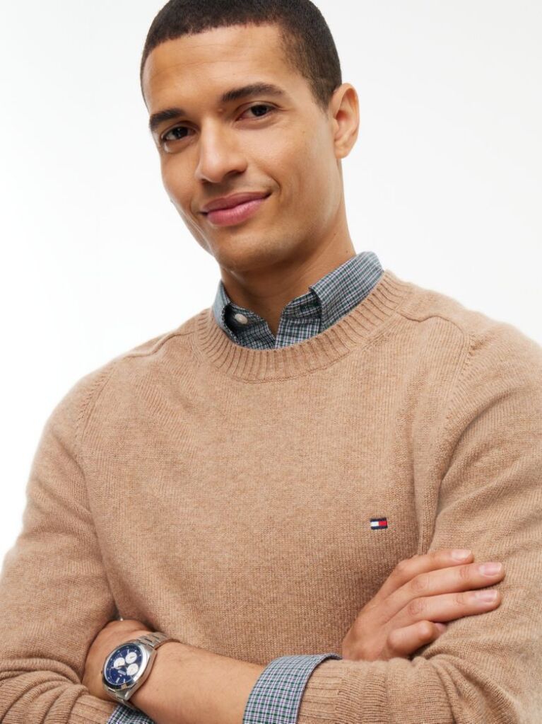 Brown Pure Lambswool Crew Neck Jumper  Men