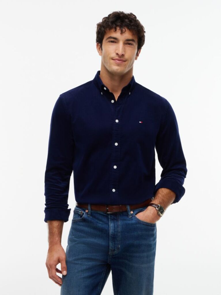 Blue Regular Fit Flag Embroidery Corduroy Shirt  Men