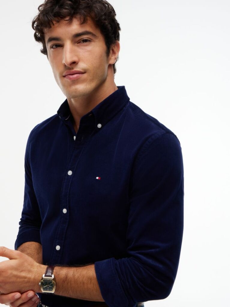Blue Regular Fit Flag Embroidery Corduroy Shirt  Men