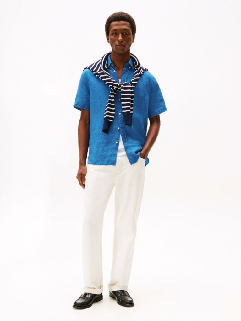 Blue Regular Fit Washed Linen Short Sleeve Shirt  Men