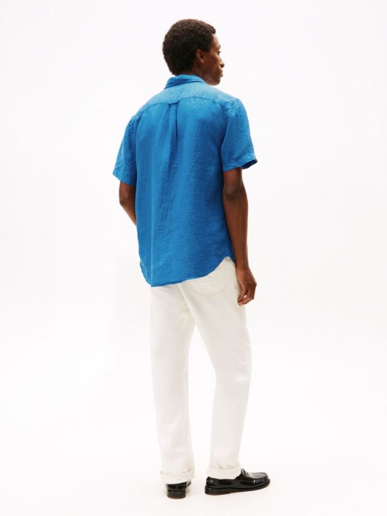 Blue Regular Fit Washed Linen Short Sleeve Shirt  Men