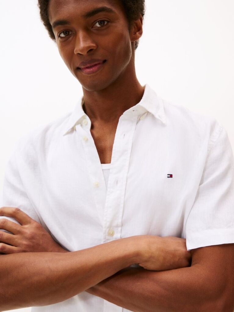 White Regular Fit Washed Linen Short Sleeve Shirt  Men