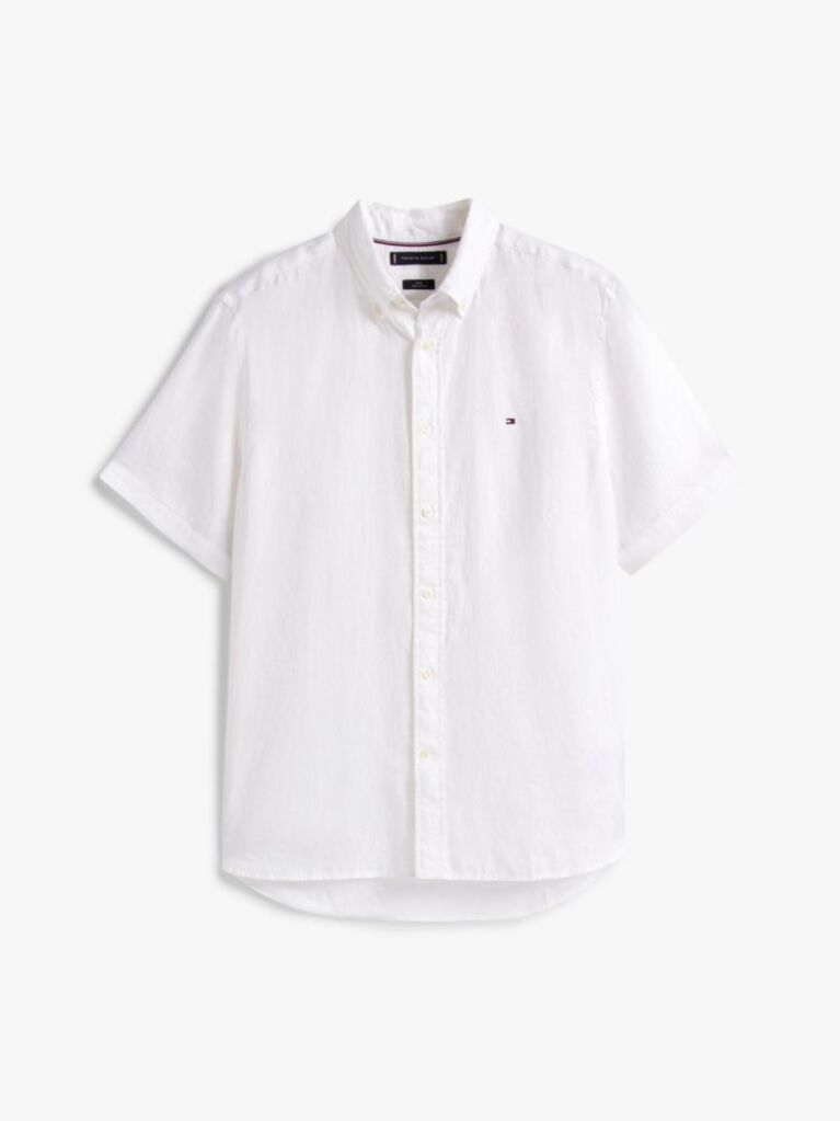 White Regular Fit Washed Linen Short Sleeve Shirt  Men