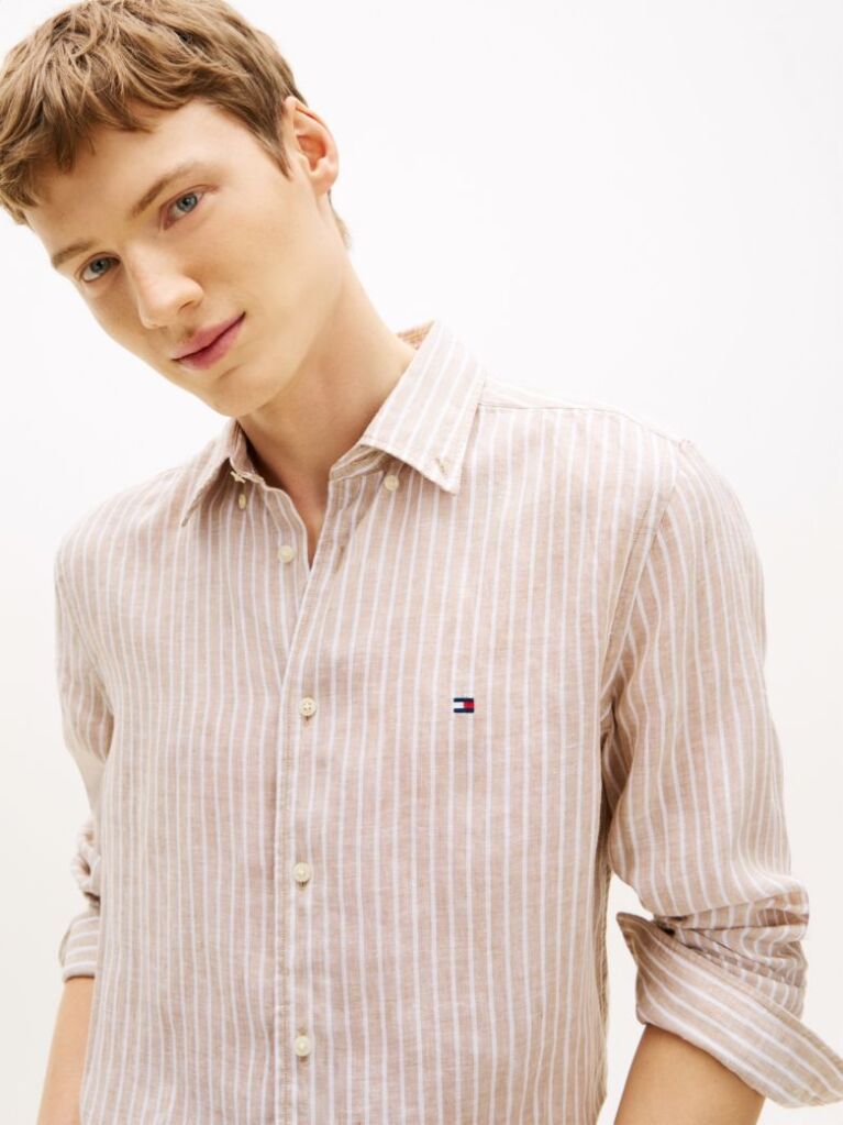 Beige Regular Fit Bengal Stripe Pure Linen Shirt  Men