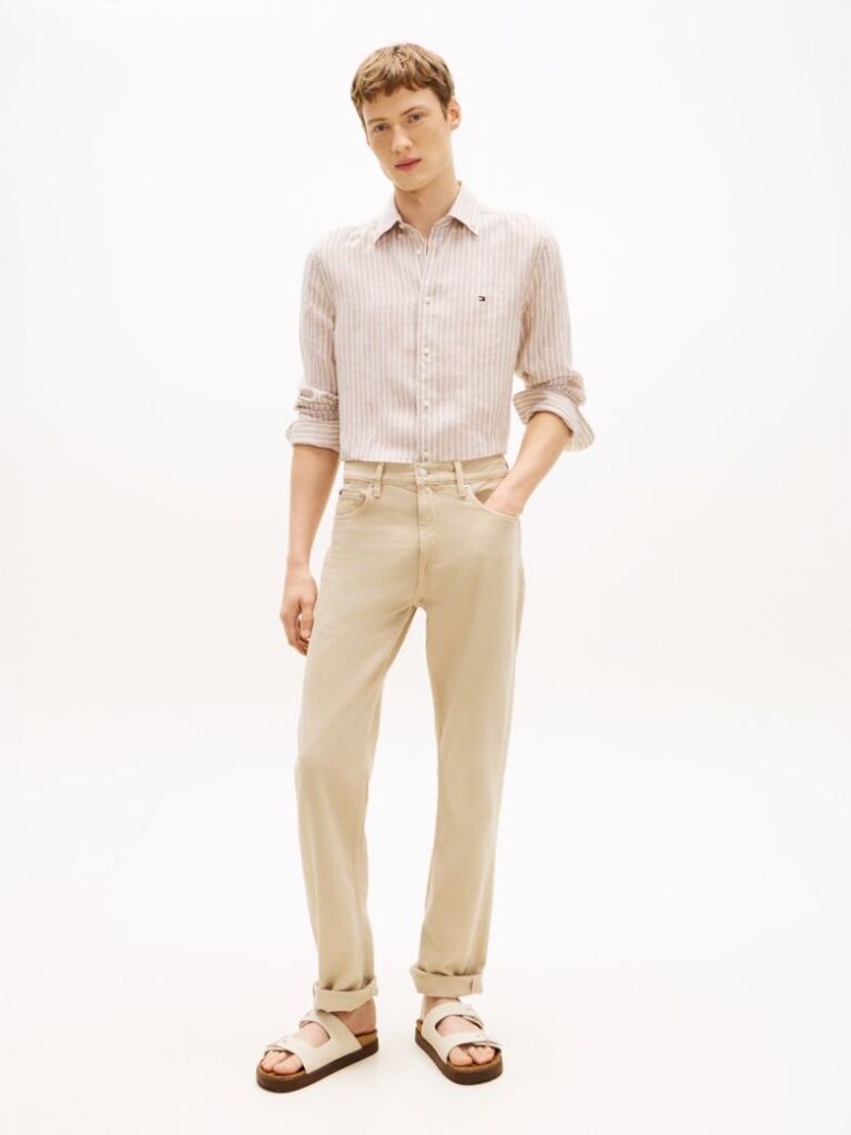 Beige Regular Fit Bengal Stripe Pure Linen Shirt  Men