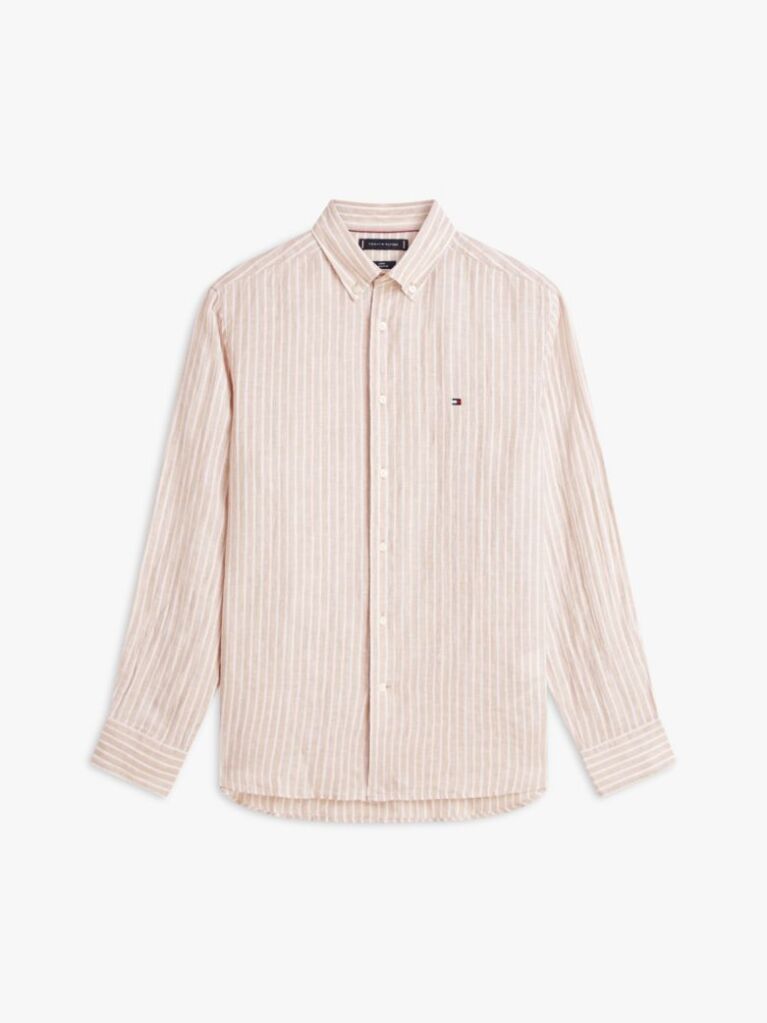 Beige Regular Fit Bengal Stripe Pure Linen Shirt  Men
