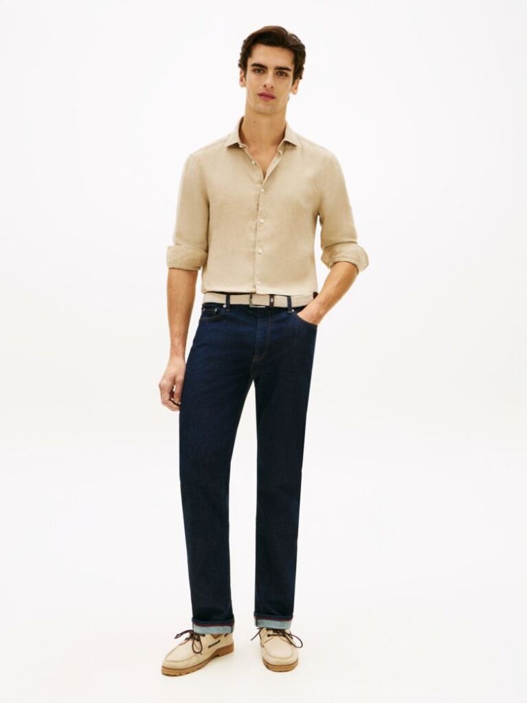 Beige Smart Casual Slim Fit Pure Linen Shirt  Men