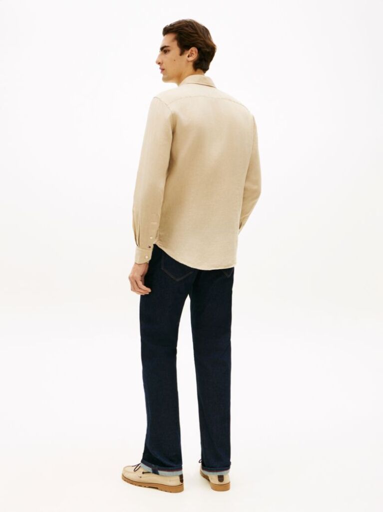 Beige Smart Casual Slim Fit Pure Linen Shirt  Men
