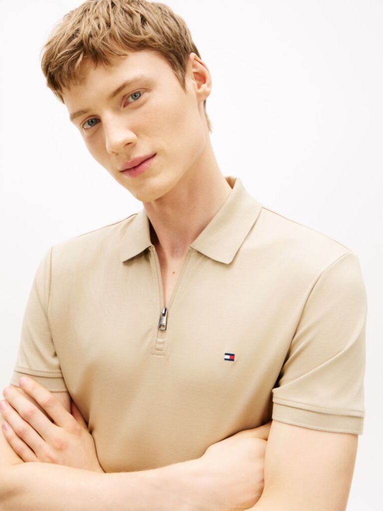 Beige Regular Fit Interlock Knit Zip Polo Shirt  Men