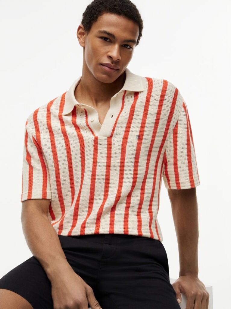 Multi Relaxed Fit Open Knit Polo Shirt  Men