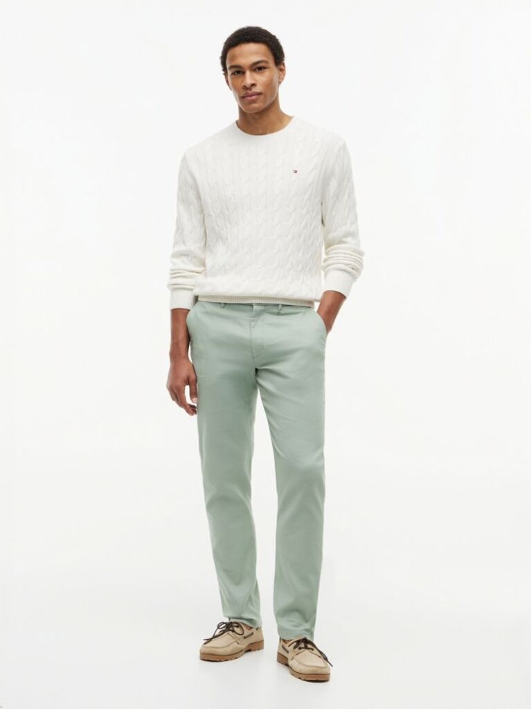 Green Denton Honeycomb Texture Straight Leg Chinos  Men