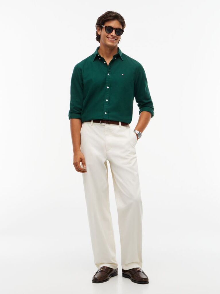 Green Regular Fit Herringbone Flannel Button-Down Shirt  Men