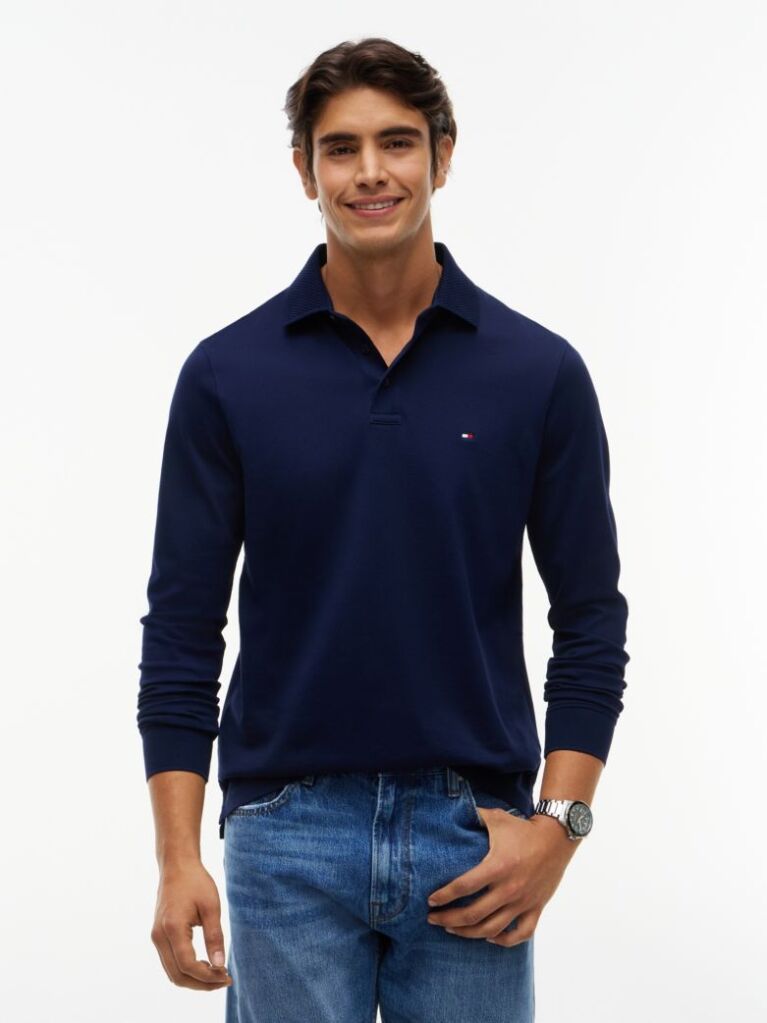 Blue Regular Fit Long Sleeve Polo Shirt  Men