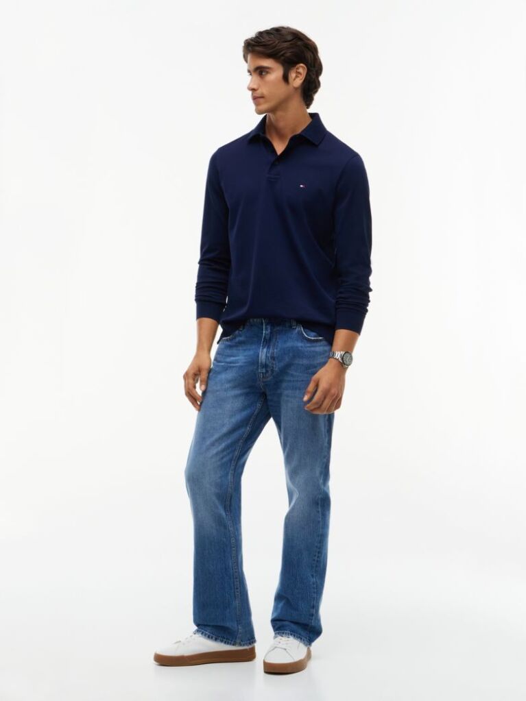 Blue Regular Fit Long Sleeve Polo Shirt  Men