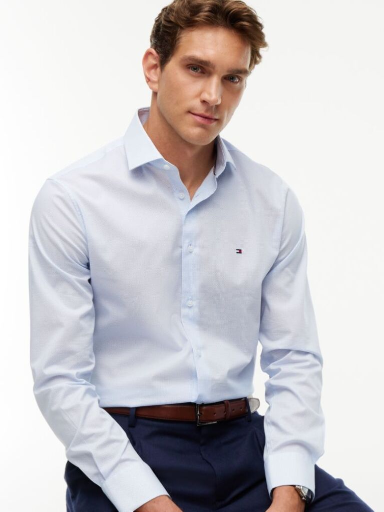Blue Slim Fit Micro Print Poplin Shirt  Men