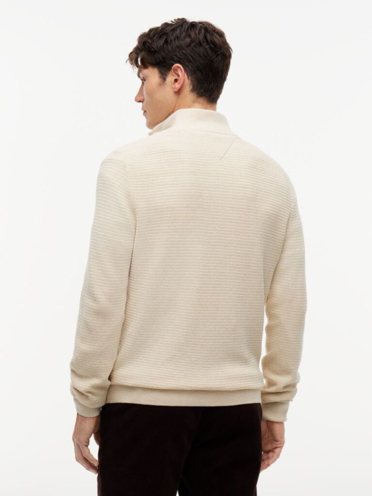 Beige Textured Quarter-Zip Mock Neck Jumper With Cashmere  Men