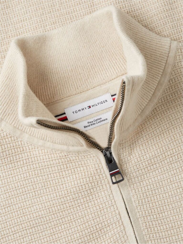 Beige Textured Quarter-Zip Mock Neck Jumper With Cashmere  Men