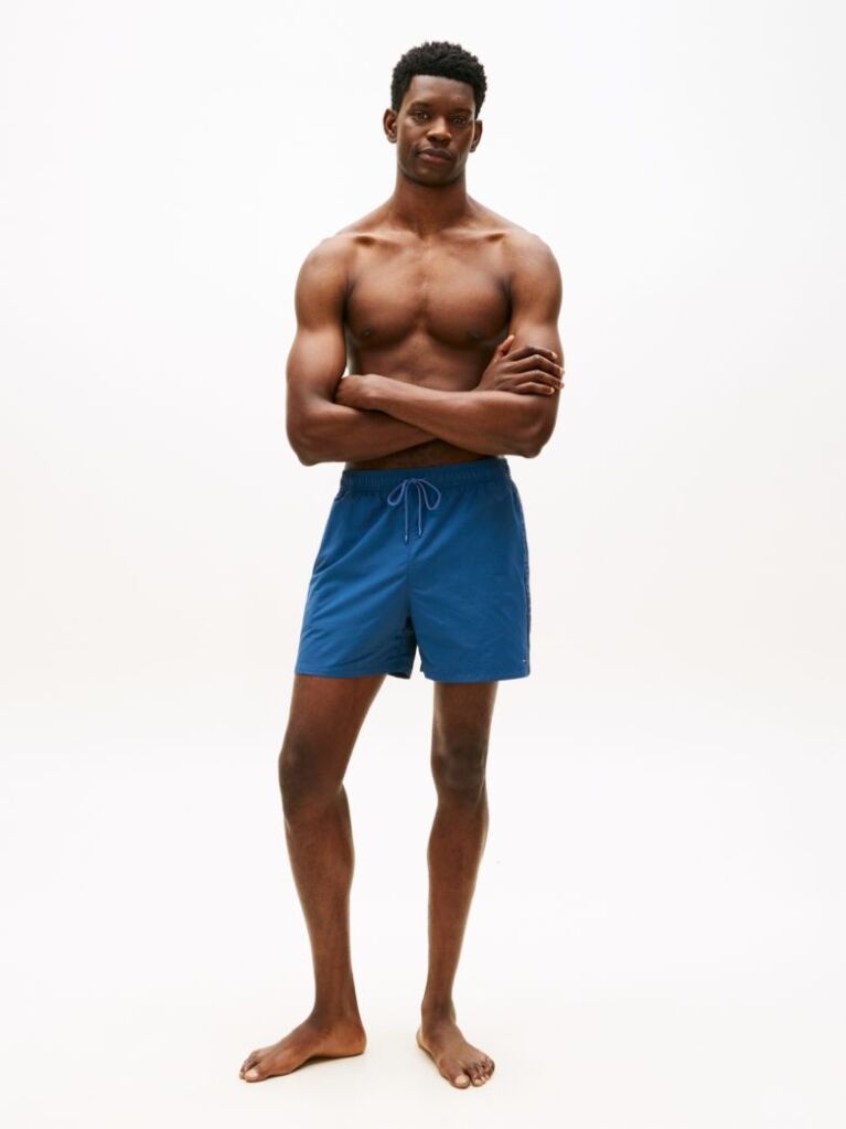 Blue Tonal Logo Mid Length Swim Shorts  Men