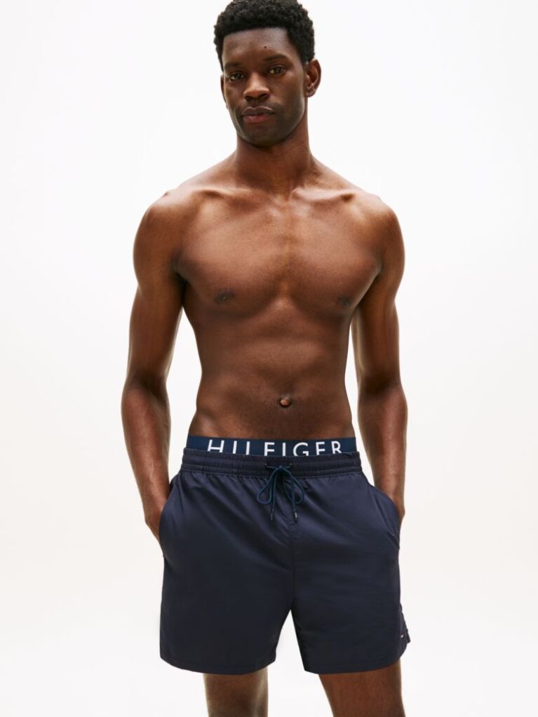 Blue Double Waistband Mid Length Swim Shorts  Men