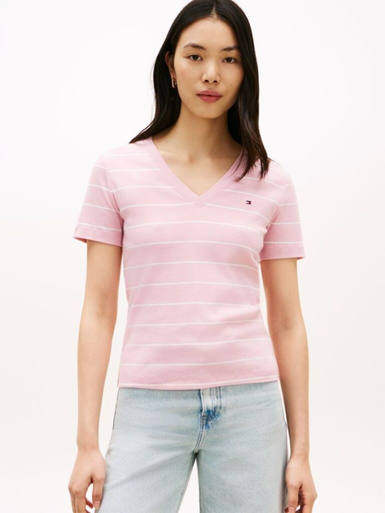 Multi Ribbed V-Neck Slim Fit T-Shirt  Women
