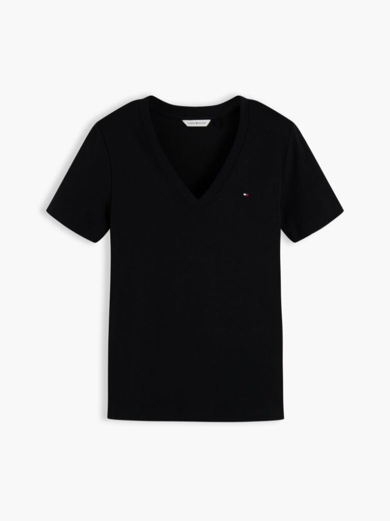 Black Ribbed V-Neck Slim Fit T-Shirt  Women