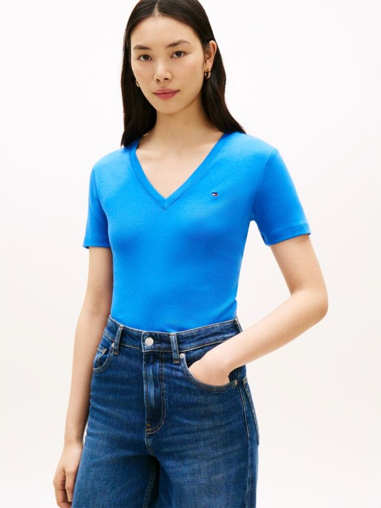 Blue Ribbed V-Neck Slim Fit T-Shirt  Women