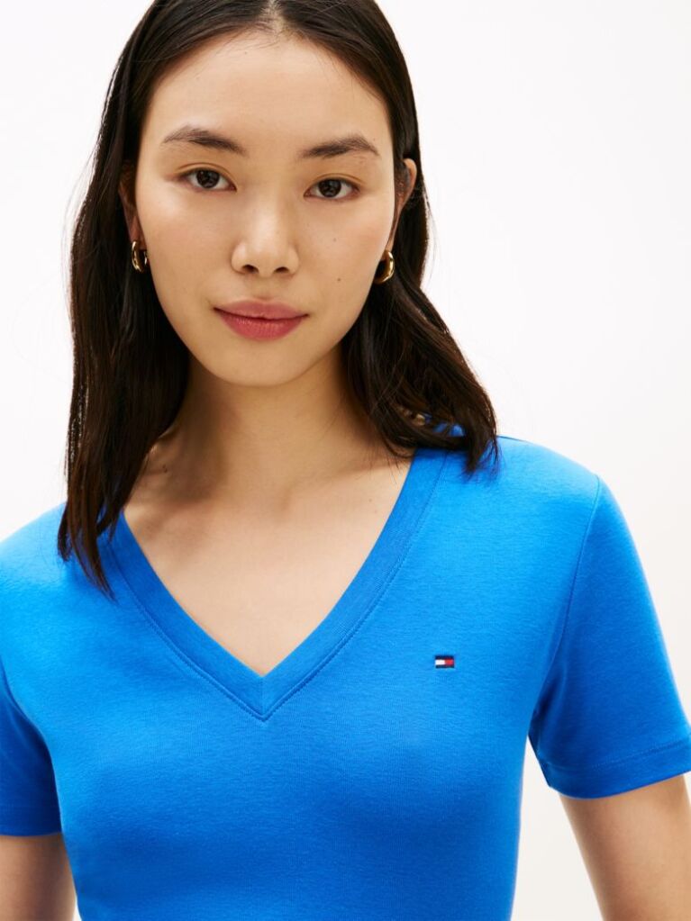 Blue Ribbed V-Neck Slim Fit T-Shirt  Women