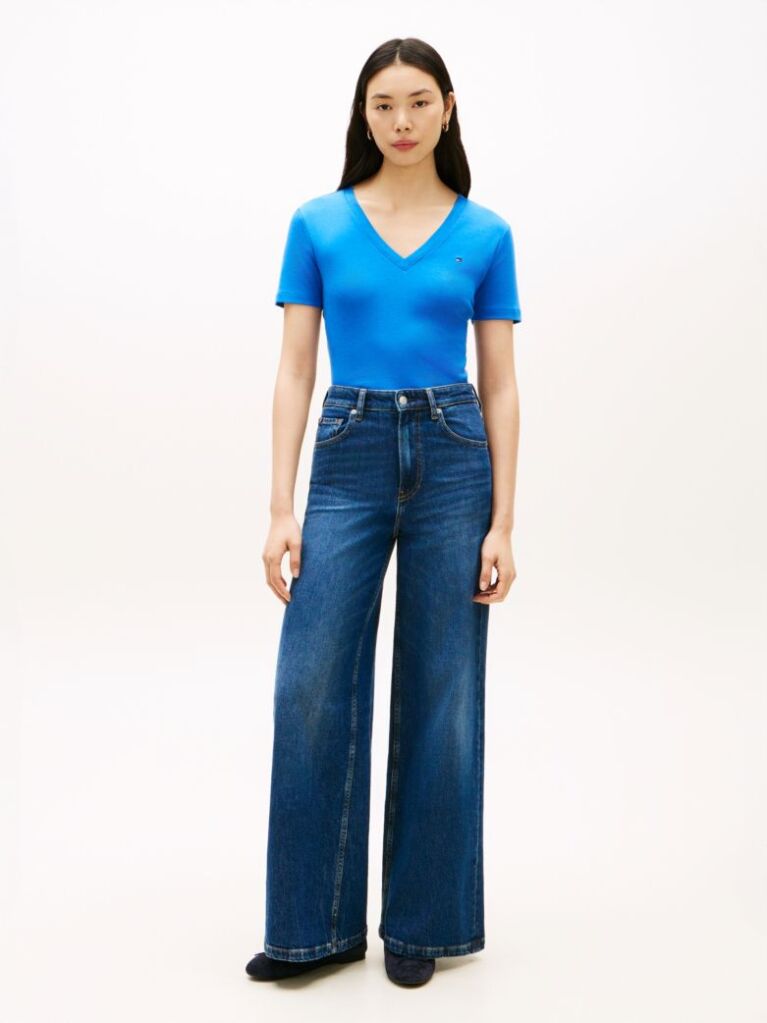 Blue Ribbed V-Neck Slim Fit T-Shirt  Women