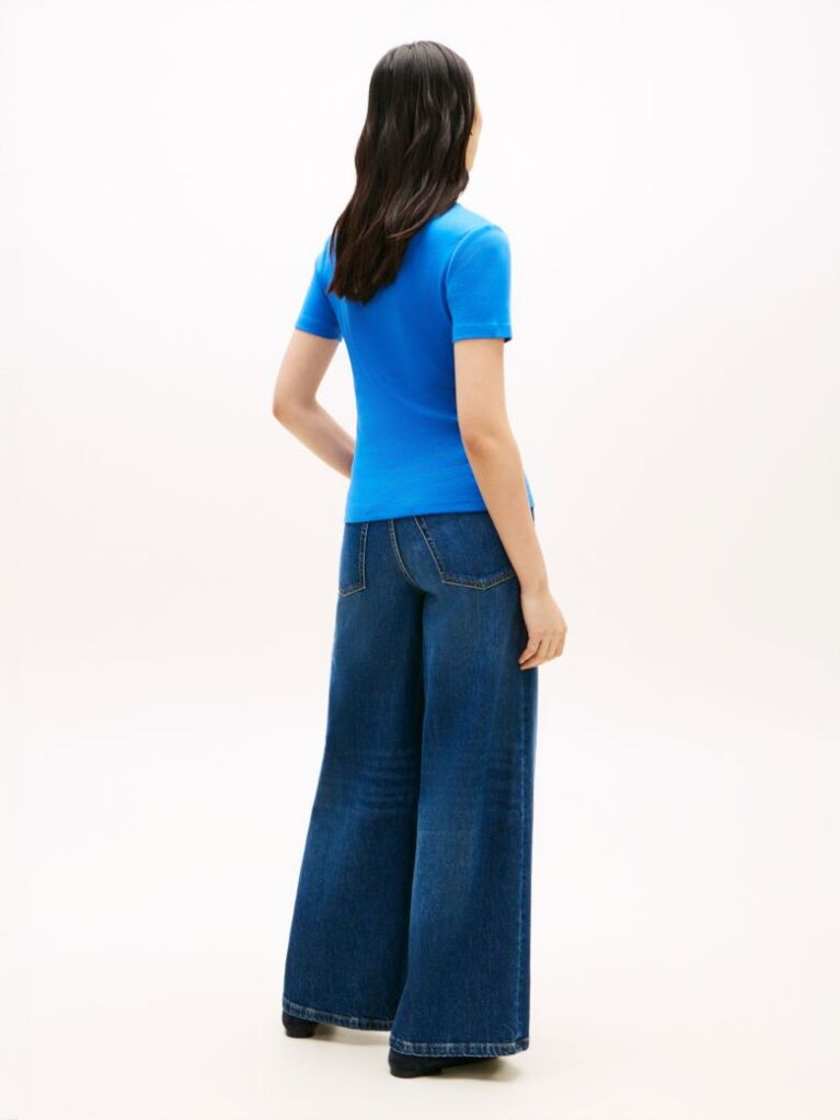 Blue Ribbed V-Neck Slim Fit T-Shirt  Women