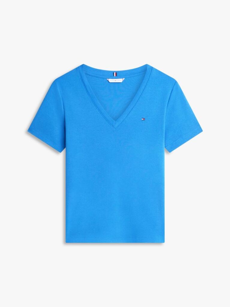 Blue Ribbed V-Neck Slim Fit T-Shirt  Women