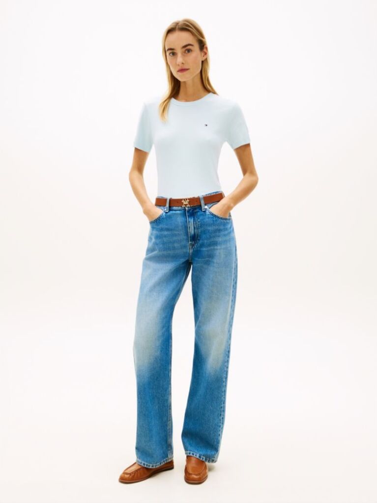 Blue Flag Embroidery Ribbed Slim T-Shirt  Women
