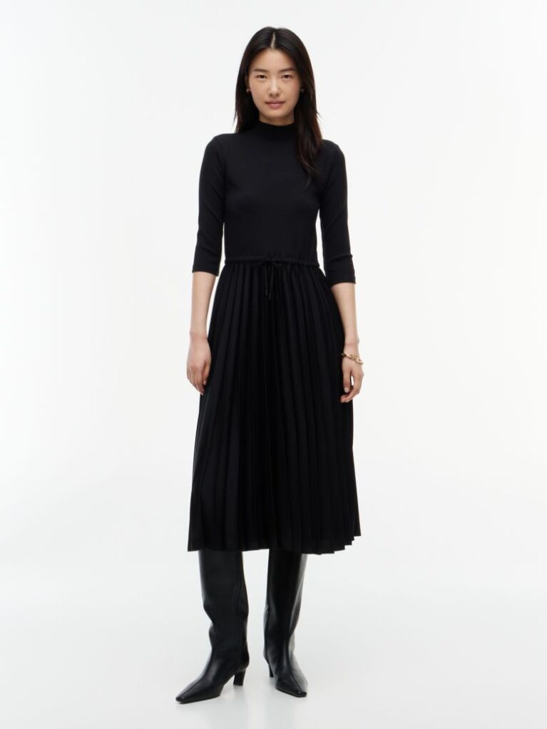 Black Pleated Midi Fit And Flare Dress  Women