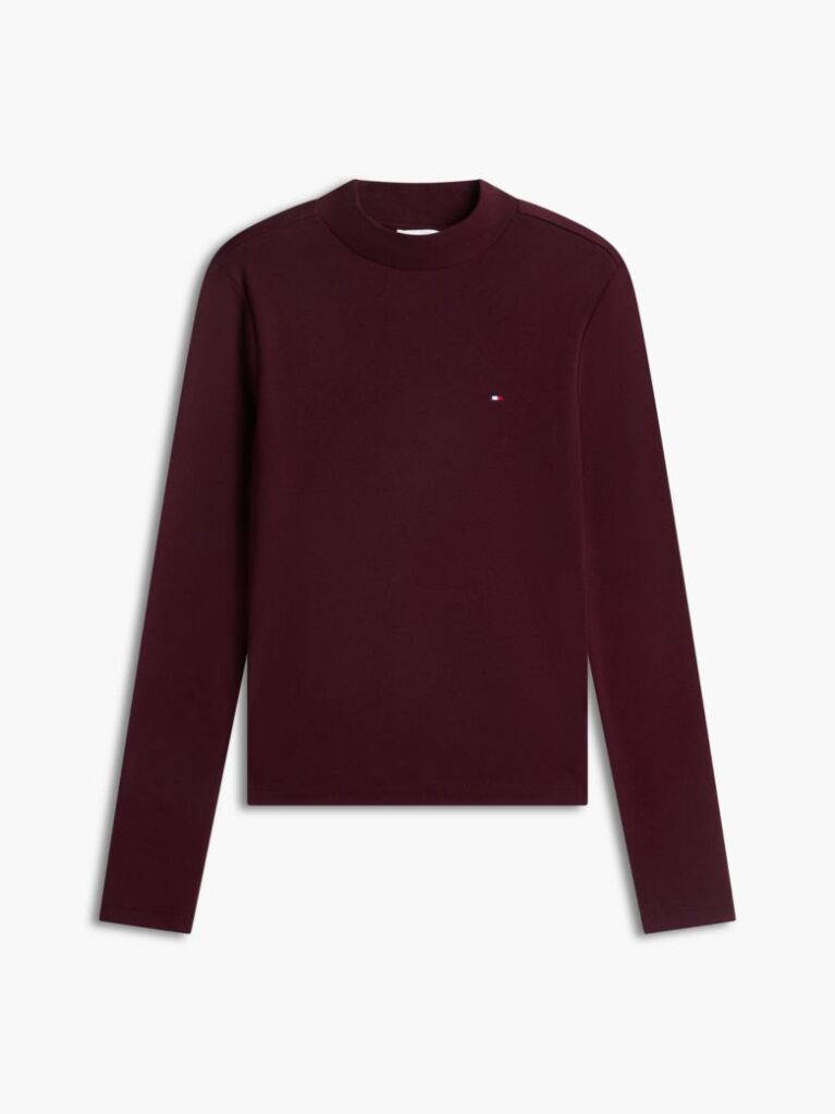 Red Mock Neck Slim Long Sleeve Top  Women
