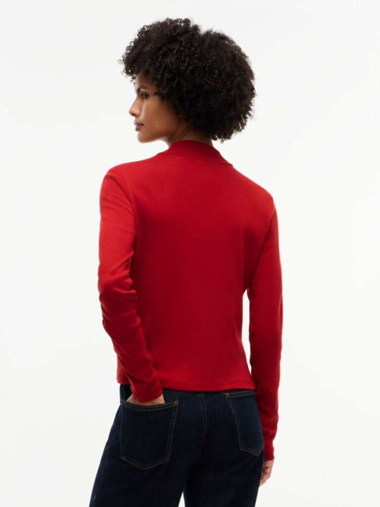 Red Mock Neck Slim Long Sleeve Top  Women