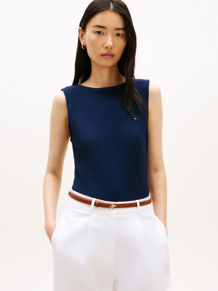 Blue Ribbed Slim Boat Neck Tank Top  Women