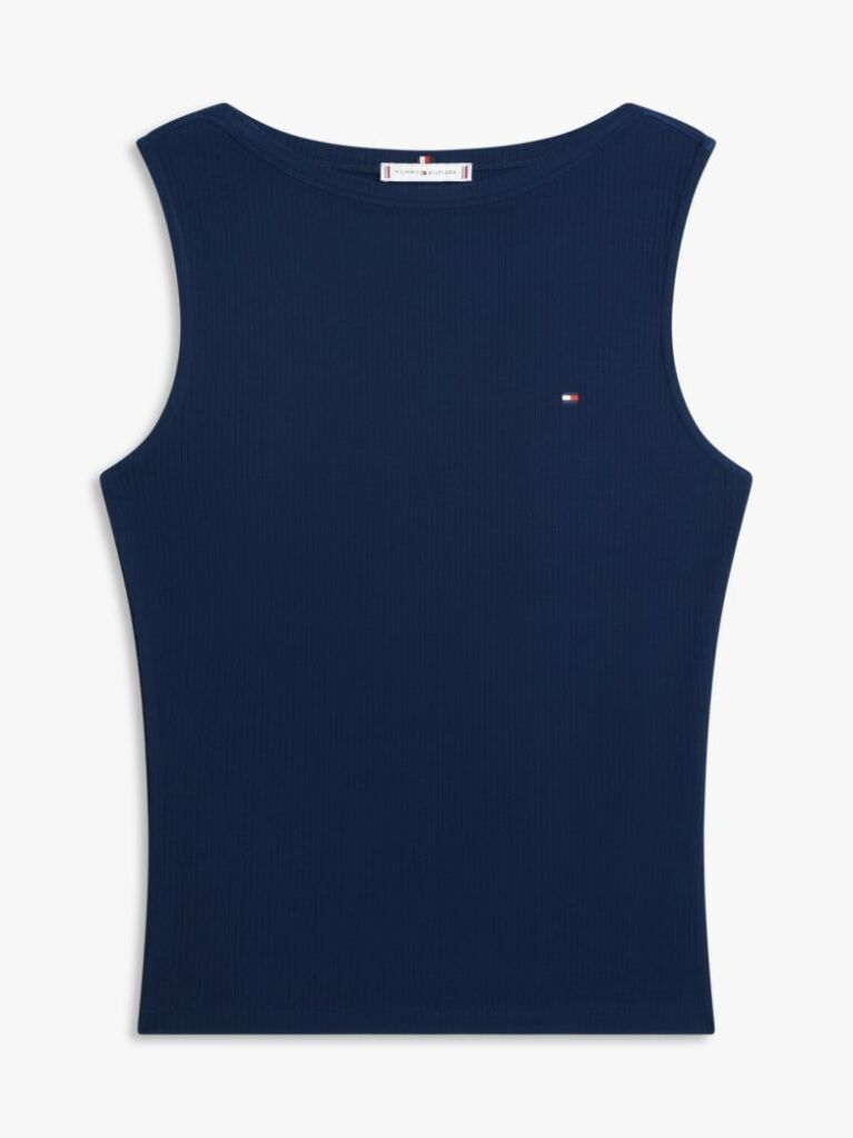 Blue Ribbed Slim Boat Neck Tank Top  Women