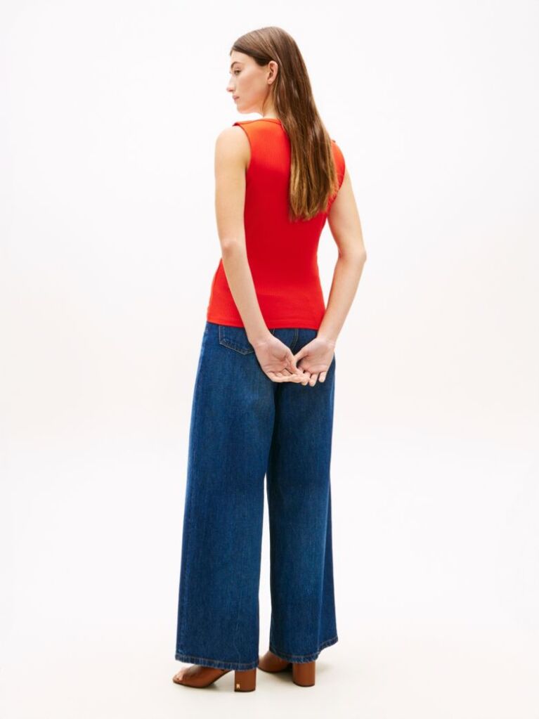 Red Ribbed Slim Boat Neck Tank Top  Women