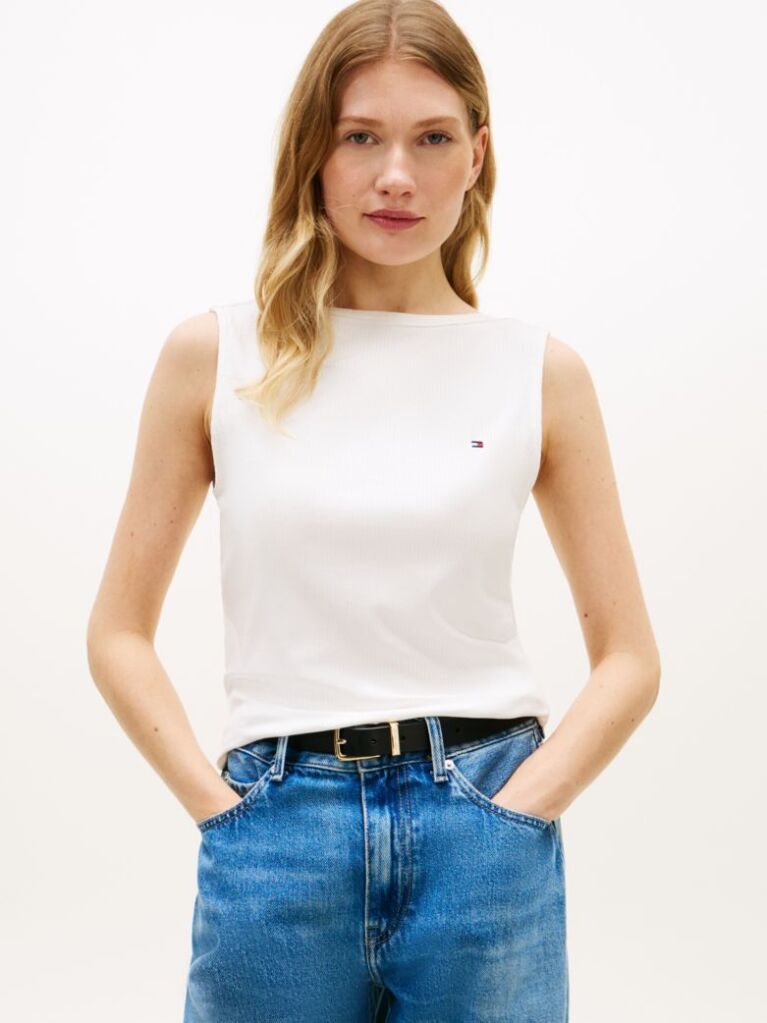 White Ribbed Slim Boat Neck Tank Top  Women