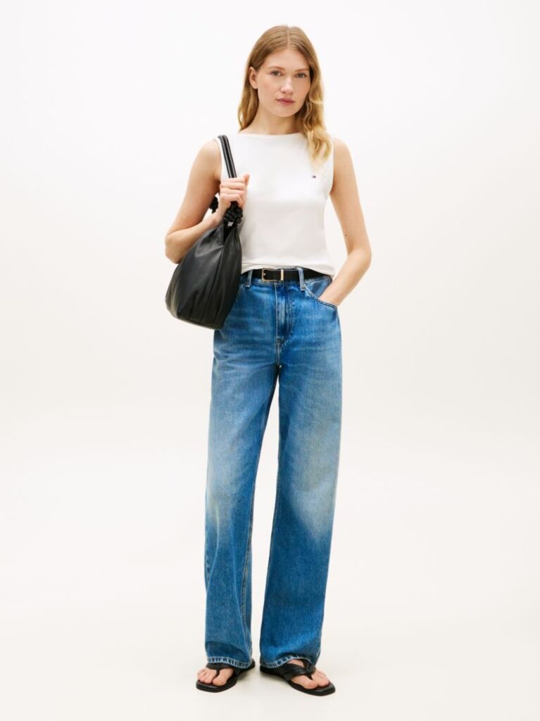 White Ribbed Slim Boat Neck Tank Top  Women