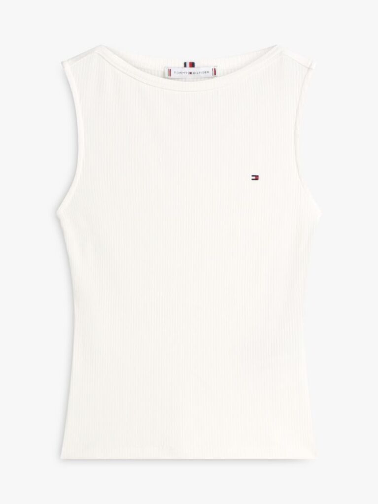 White Ribbed Slim Boat Neck Tank Top  Women