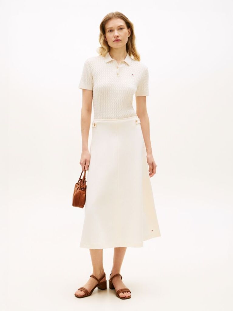 Beige Gold-Tone Button Interlock Knit Midi Skirt  Women