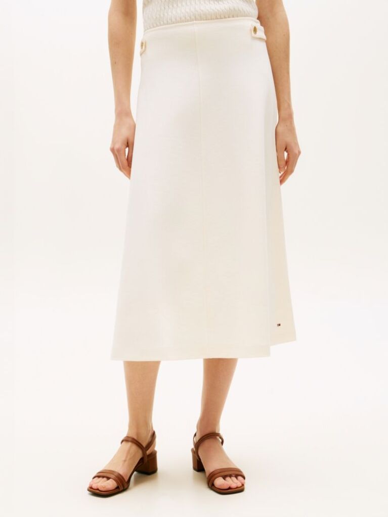 Beige Gold-Tone Button Interlock Knit Midi Skirt  Women