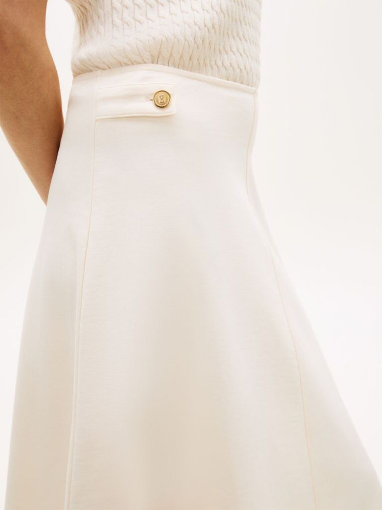 Beige Gold-Tone Button Interlock Knit Midi Skirt  Women