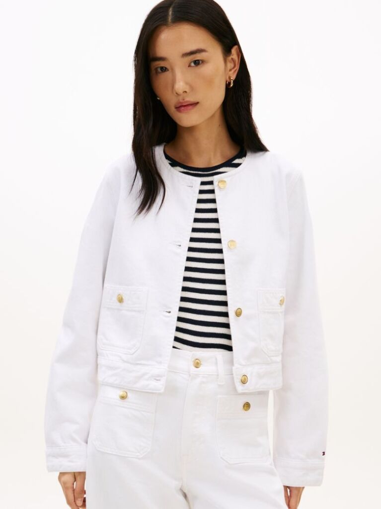 White Gold-Tone Button Collarless Denim Jacket  Women