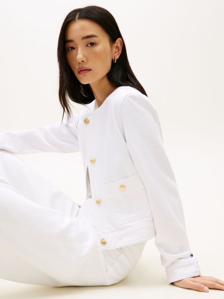 White Gold-Tone Button Collarless Denim Jacket  Women