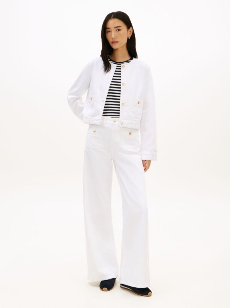 White Gold-Tone Button Collarless Denim Jacket  Women